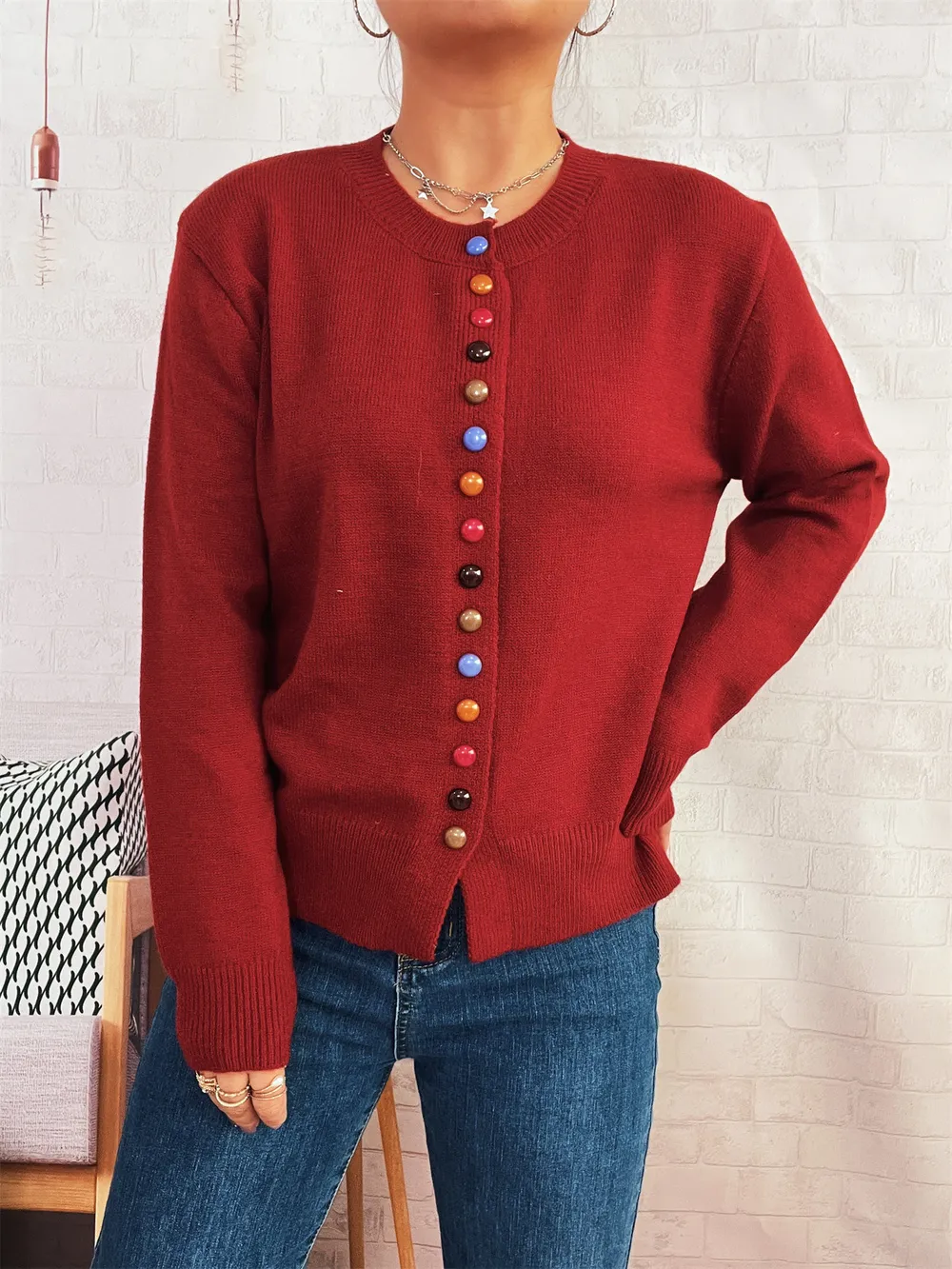 Button-Front Cardigan with Colorful Detail Buttons, image 19