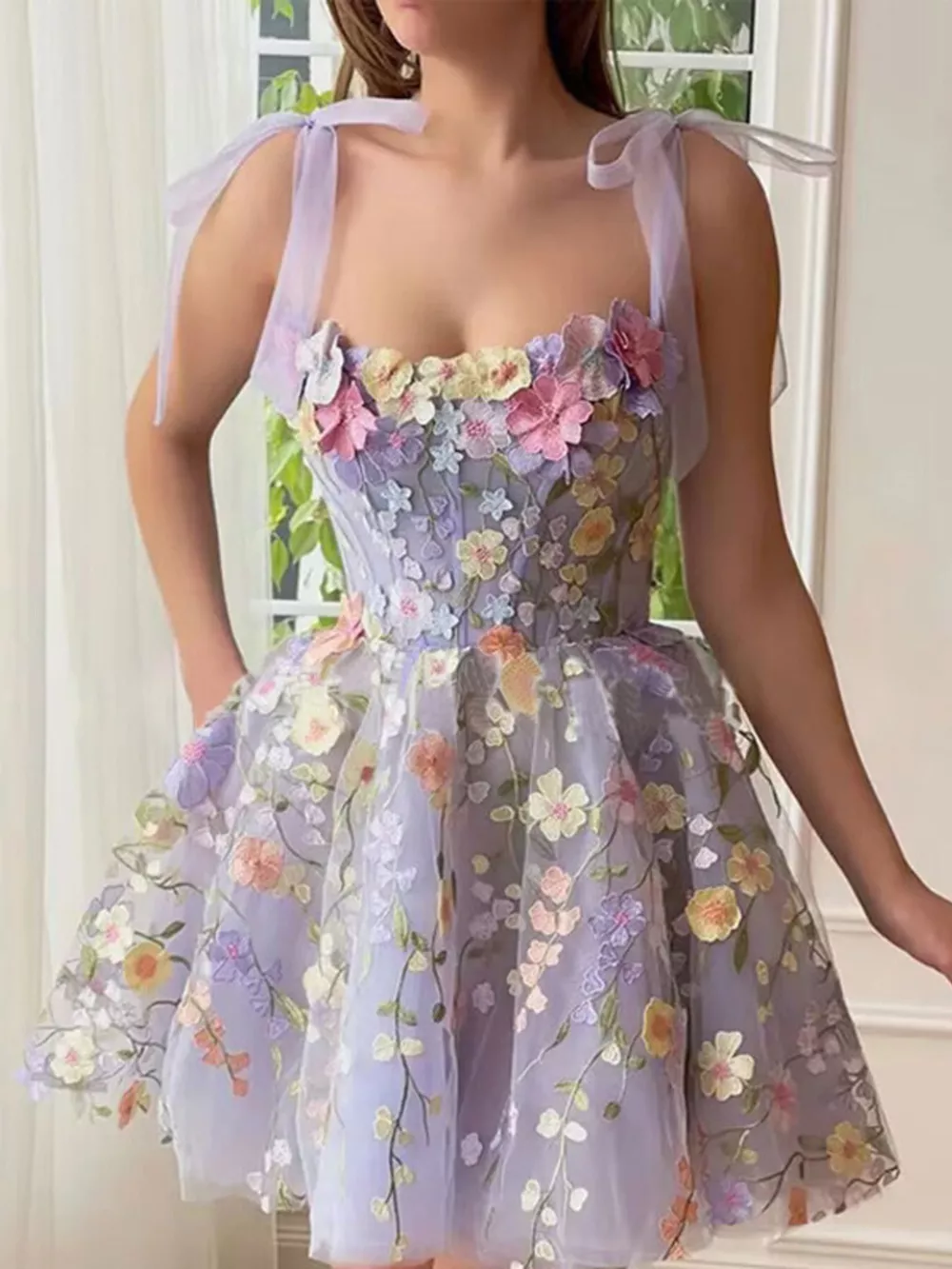 Floral Applique Tie Shoulder Mini Dress, image 2