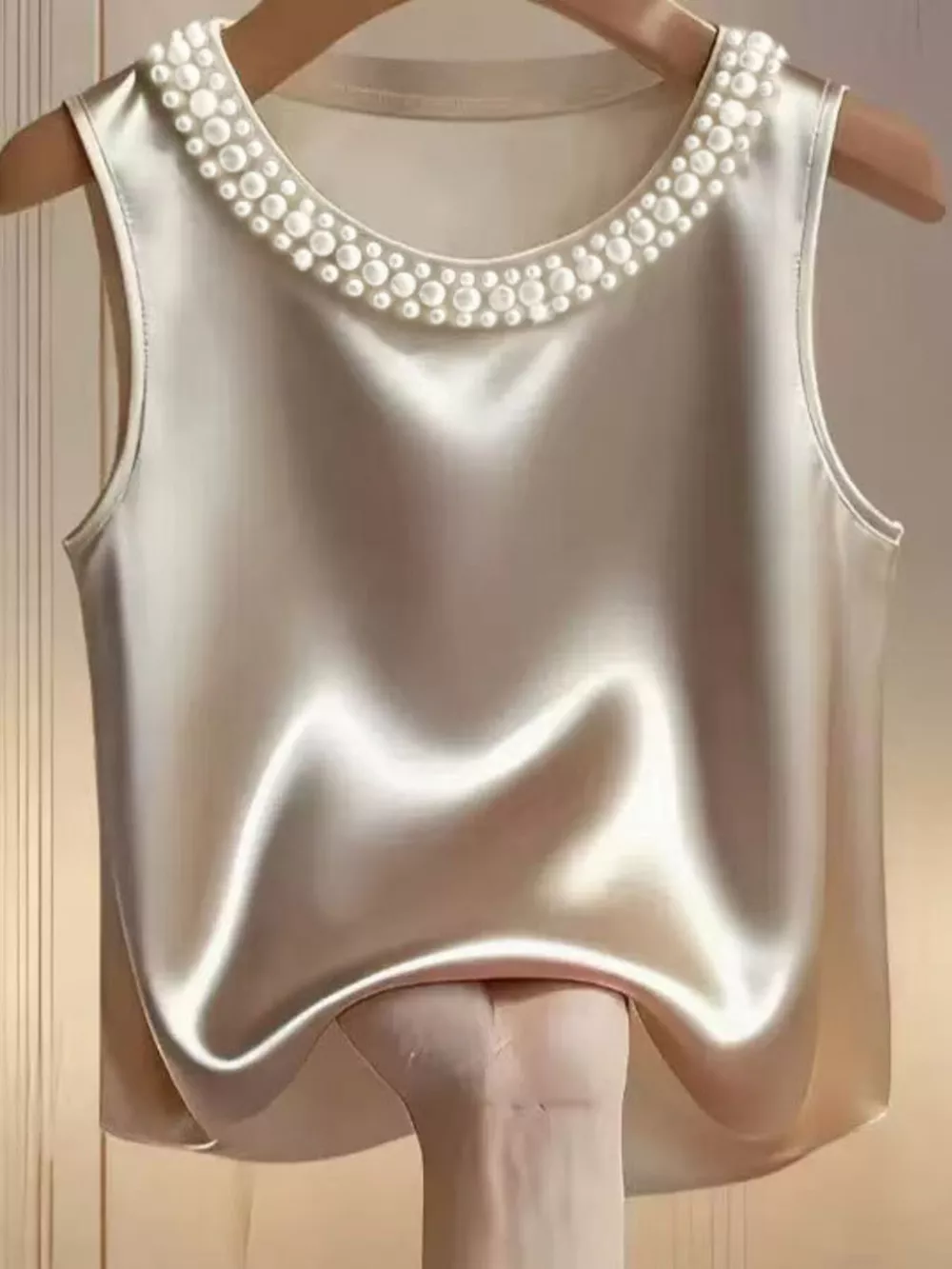 Pearl Embellished Satin Tank Top