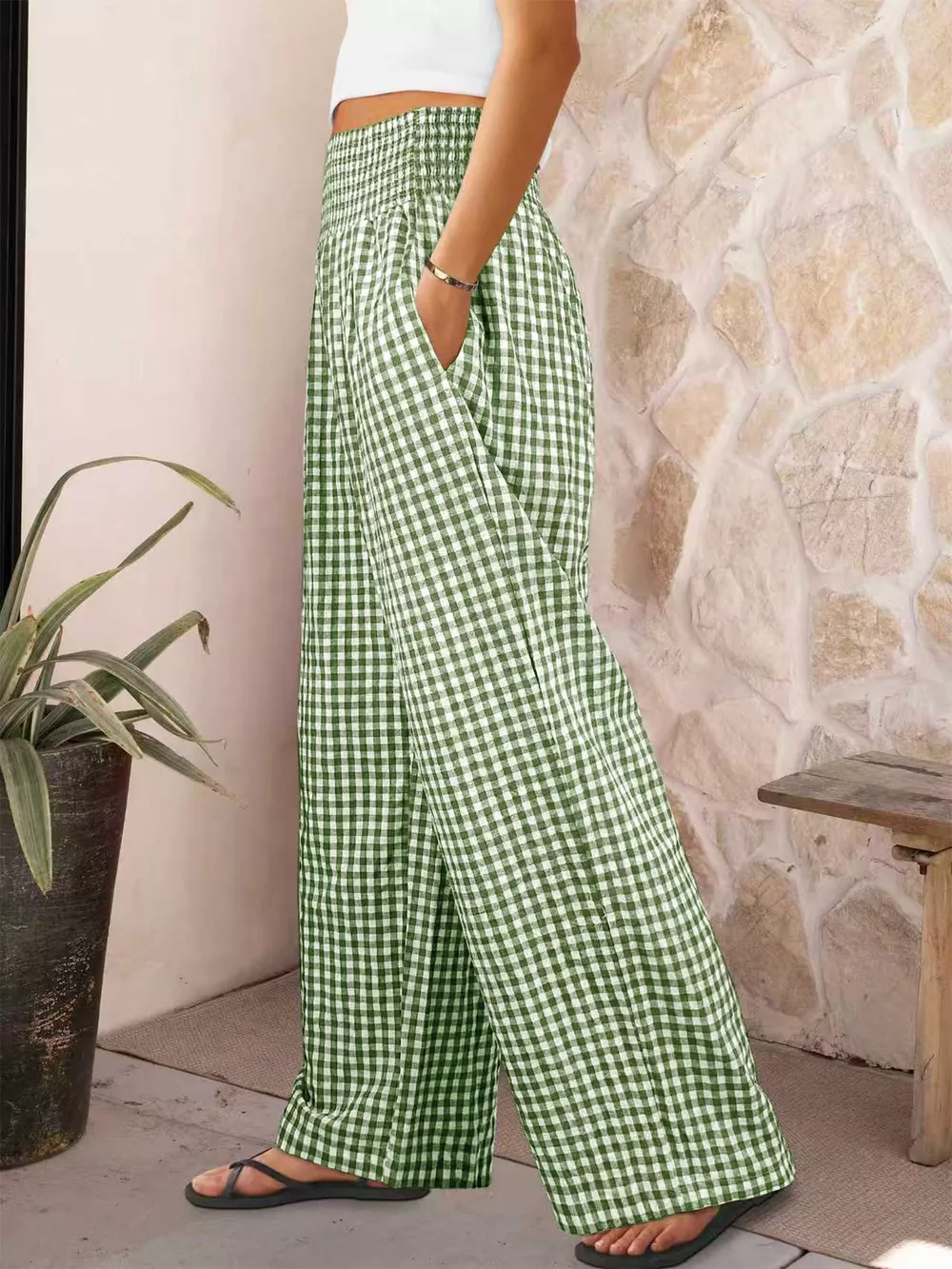 Gingham High-Waisted Wide Leg Pants, image 3