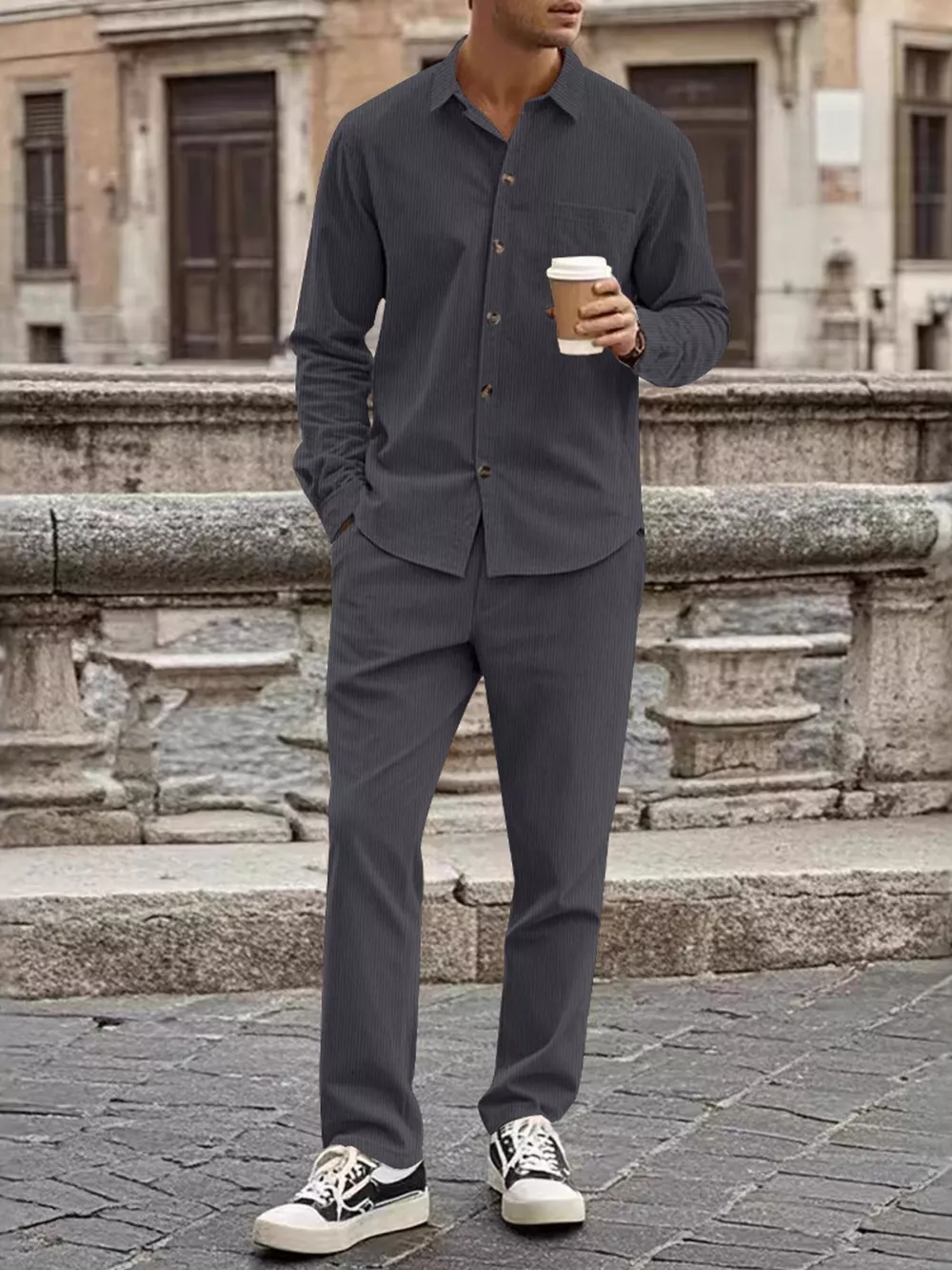 Men's Full Size Button Up Long Sleeve Shirt and Pants Set Plus Size, image 12