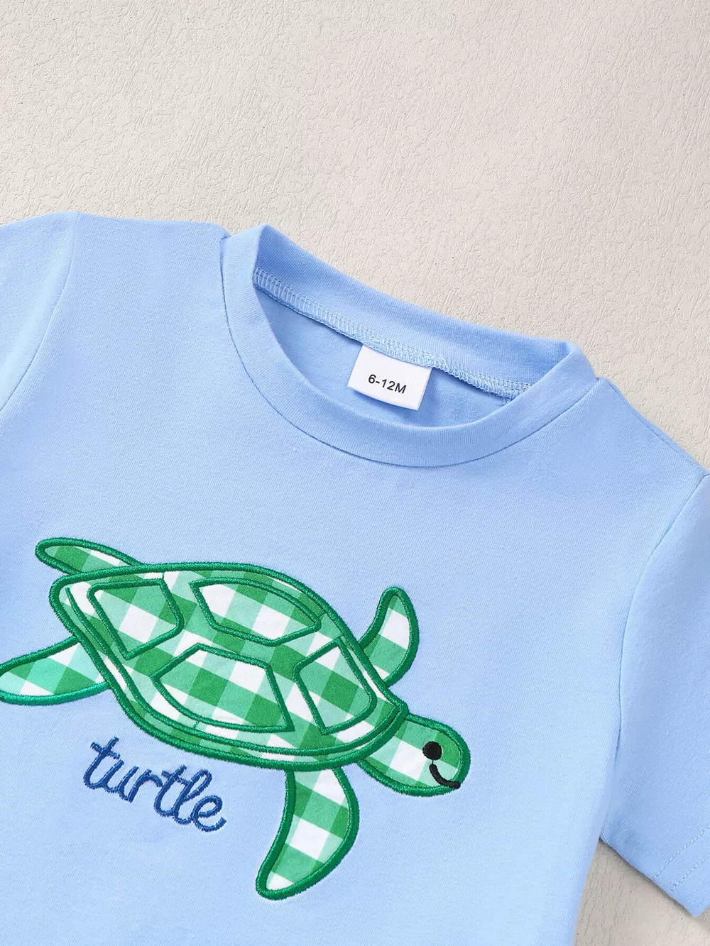 Children's Turtle Round Neck Top and Gingham Shorts Set, image 2