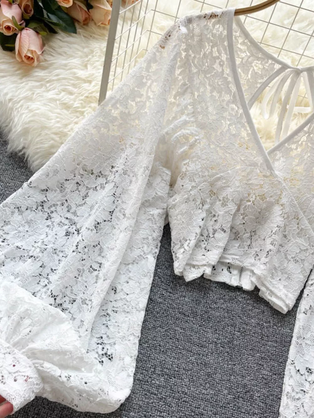 Lace Tie Back Long Sleeve Top, image 3