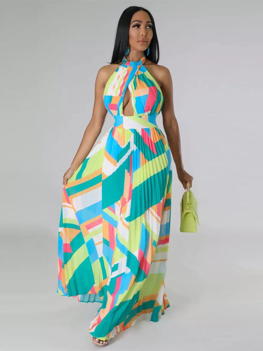 Halter Neck Geometric Print Pleated Maxi Dress, image 9