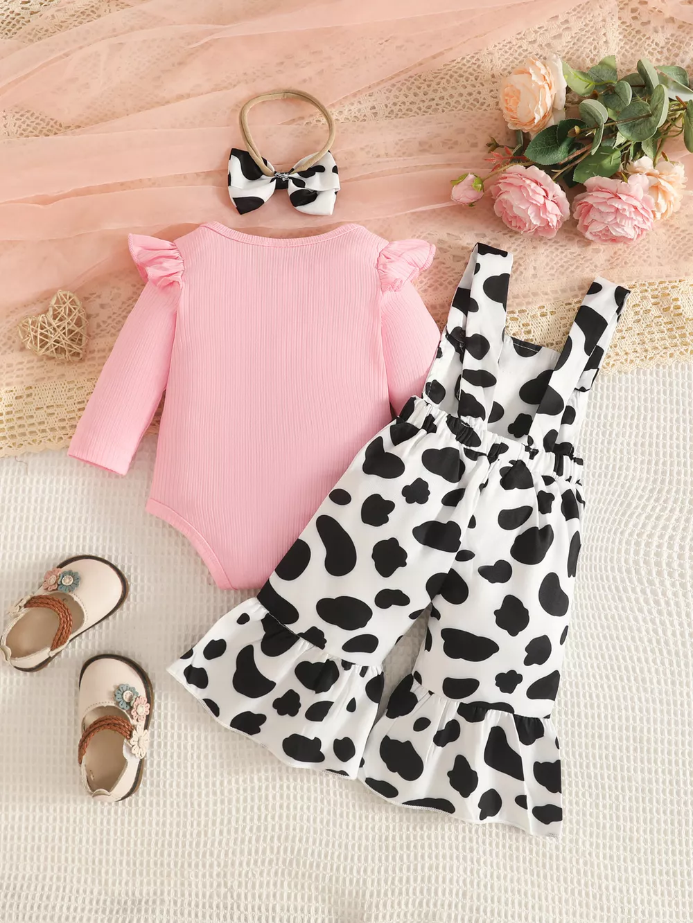 Children's Cow Print Ruffle Jumpsuit and Bodysuit Set with Headband, image 4
