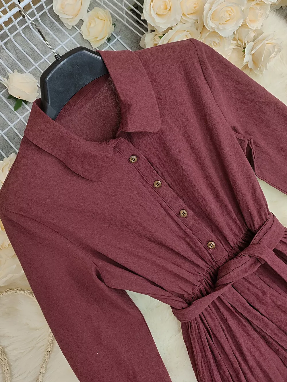 Tie Waist Long Sleeve Ruffled Hem Dress, image 11