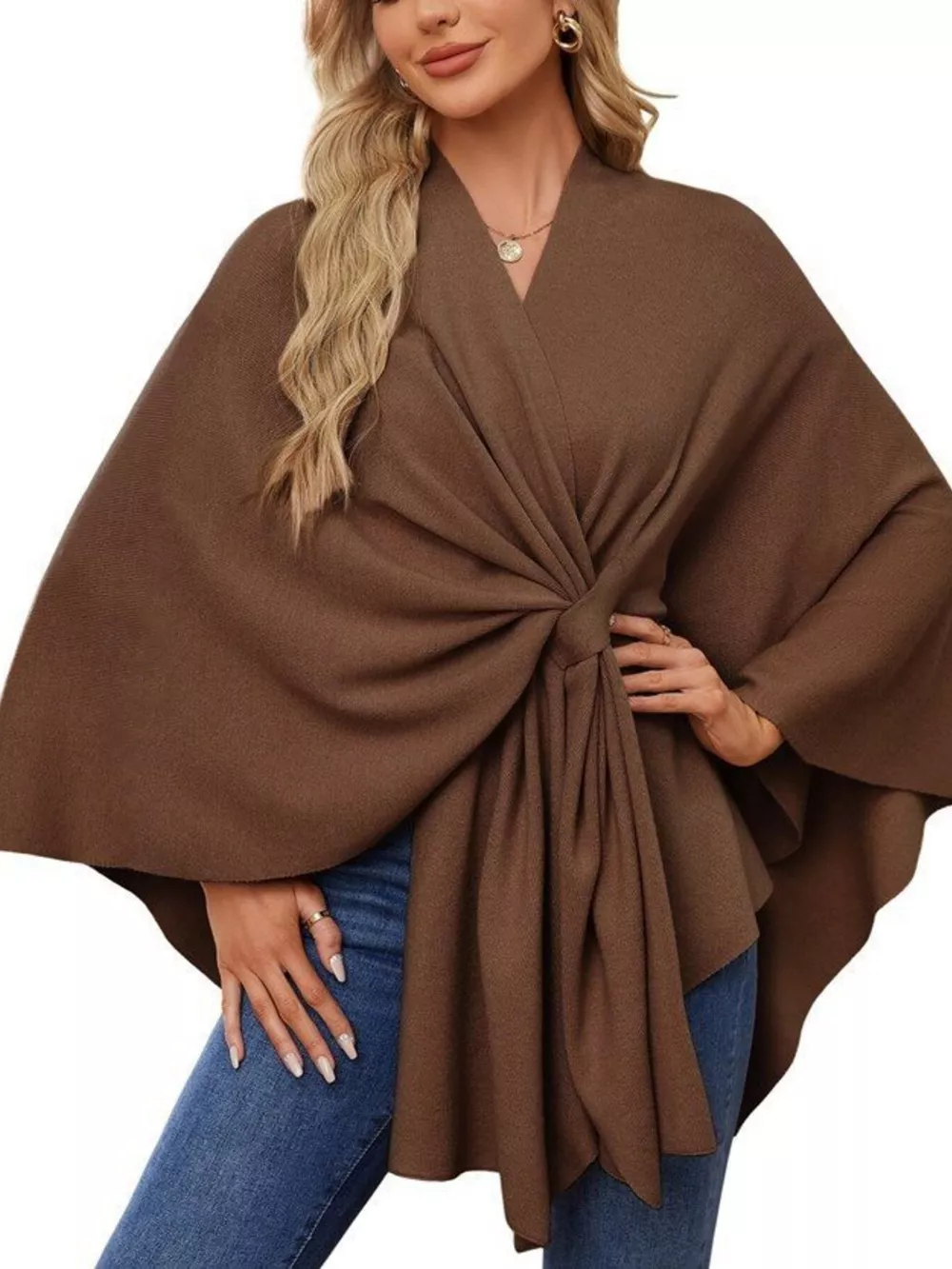 Solid Color Tie-Front Knit Cape Top, image 32