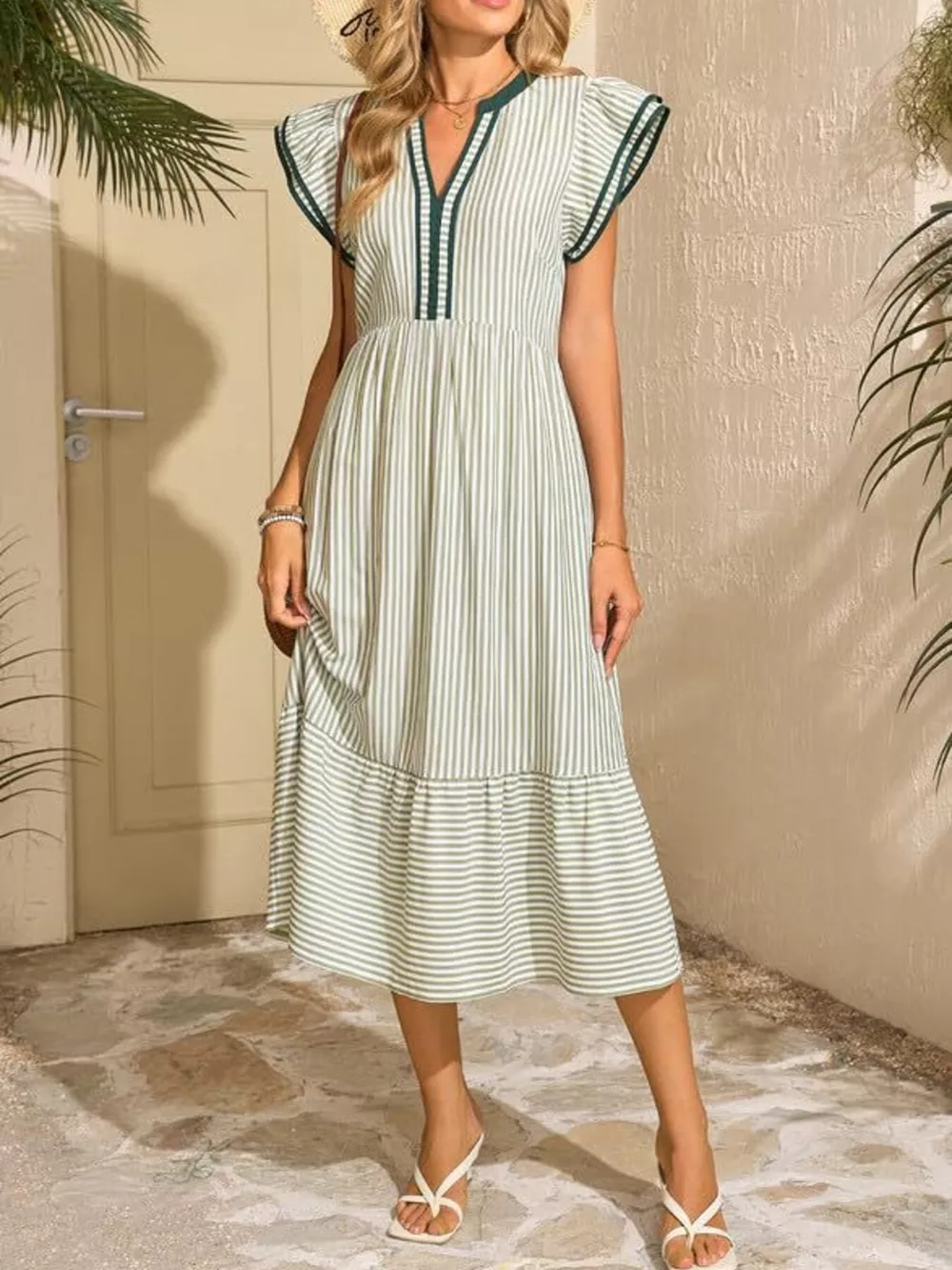 Striped Notched Ruffle Sleeve Dress, image 14