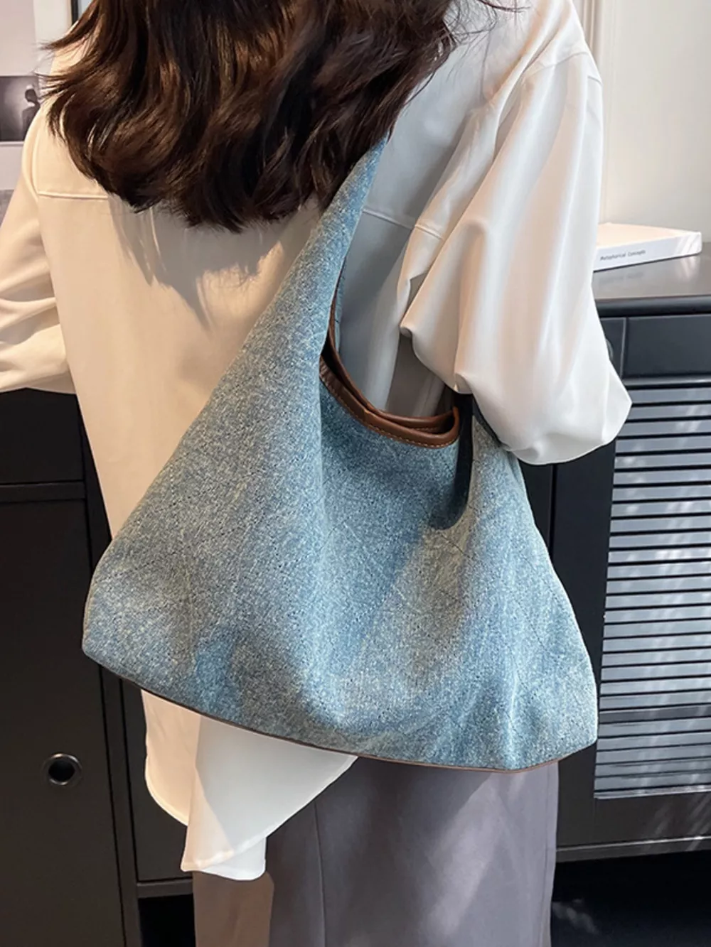 Denim Shoulder Bag with Leather Trim, image 3