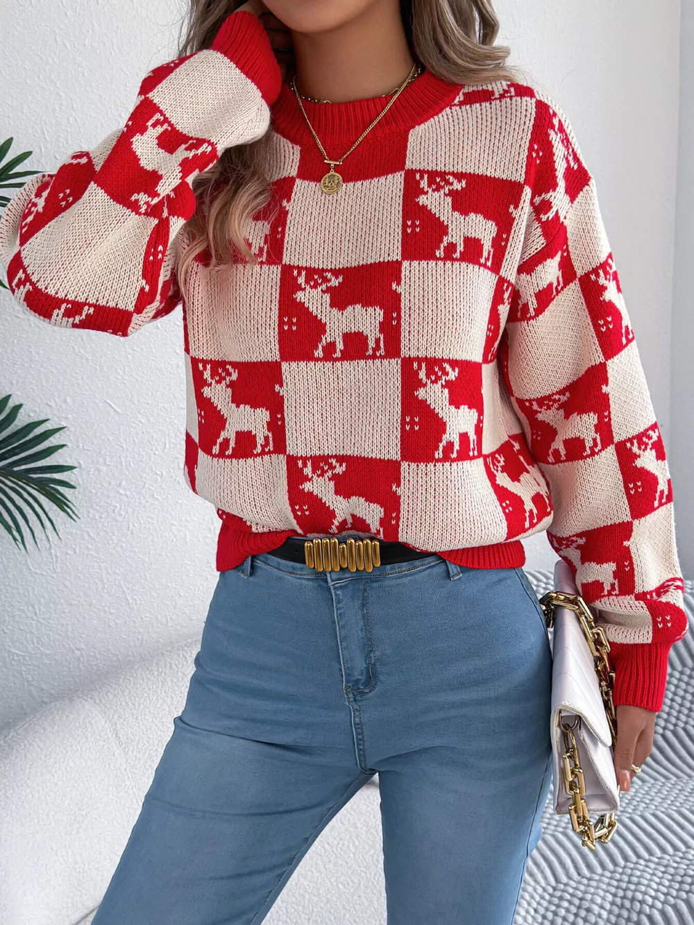Reindeer Checkerboard Pattern Pullover Sweater, image 2