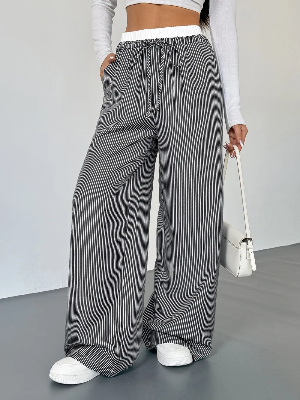 Striped Wide Leg Drawstring Pants, image 9