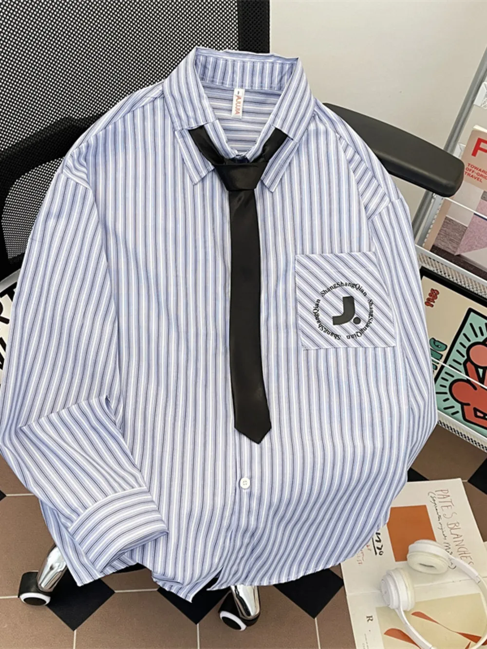 Men's Plus Size Striped Button-Down Shirt with Tie, image 2