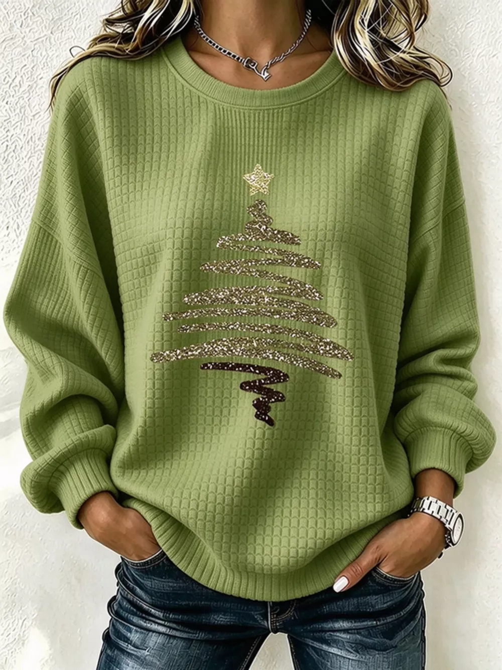 Full Size  Festive Christmas Tree Graphic Ribbed Sweatshirt Plus Size, image 5