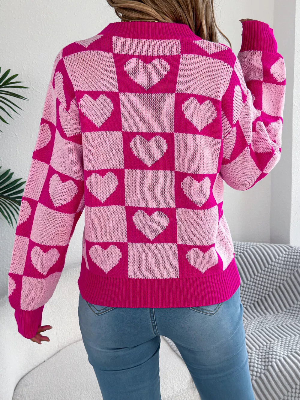 Heart Checkerboard Pattern Round Neck Sweater, image 8