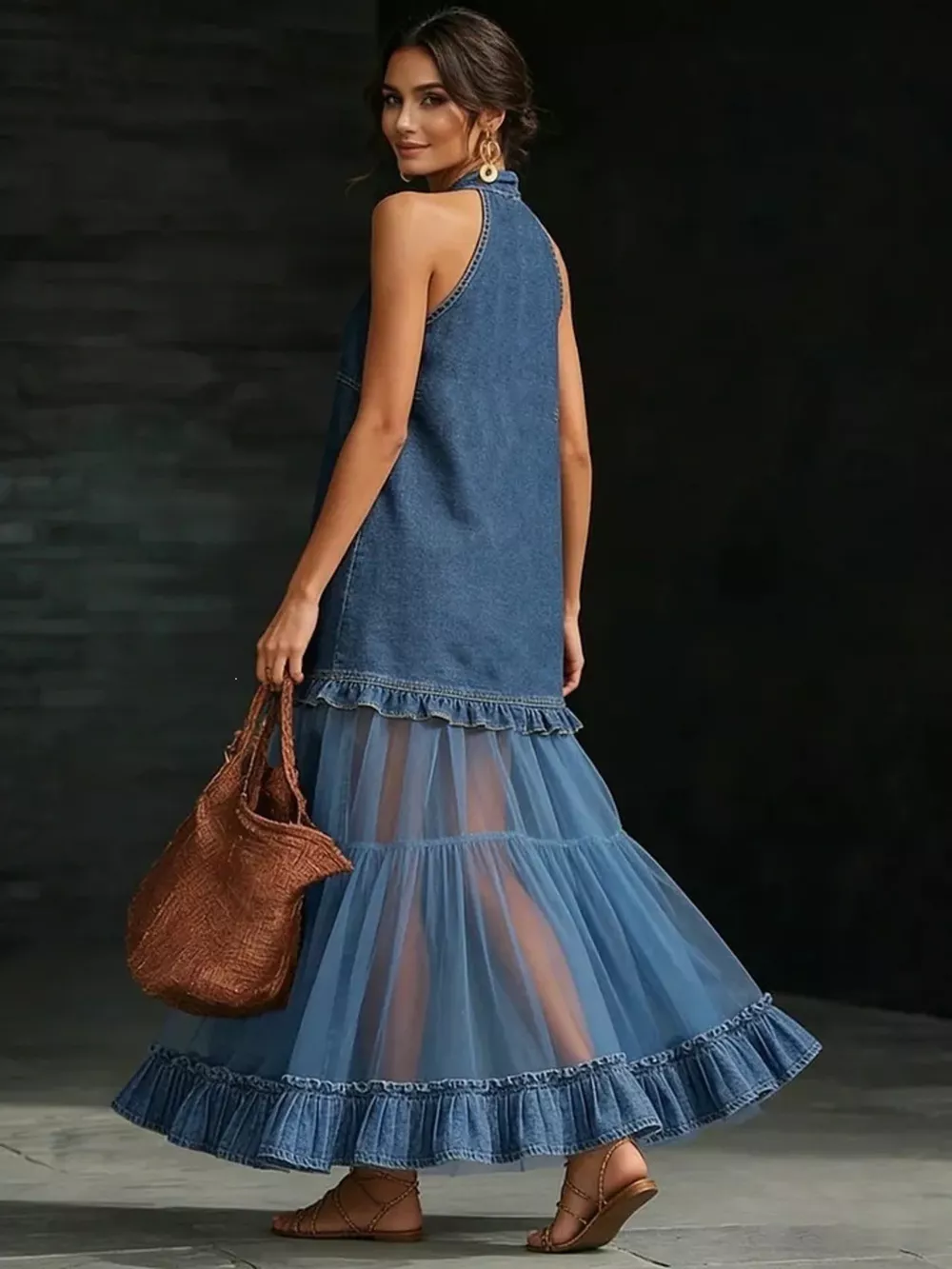 Full Size Ruffle Hem Sleeveless Sheer Tulle Denim Dress Plus Size, image 3