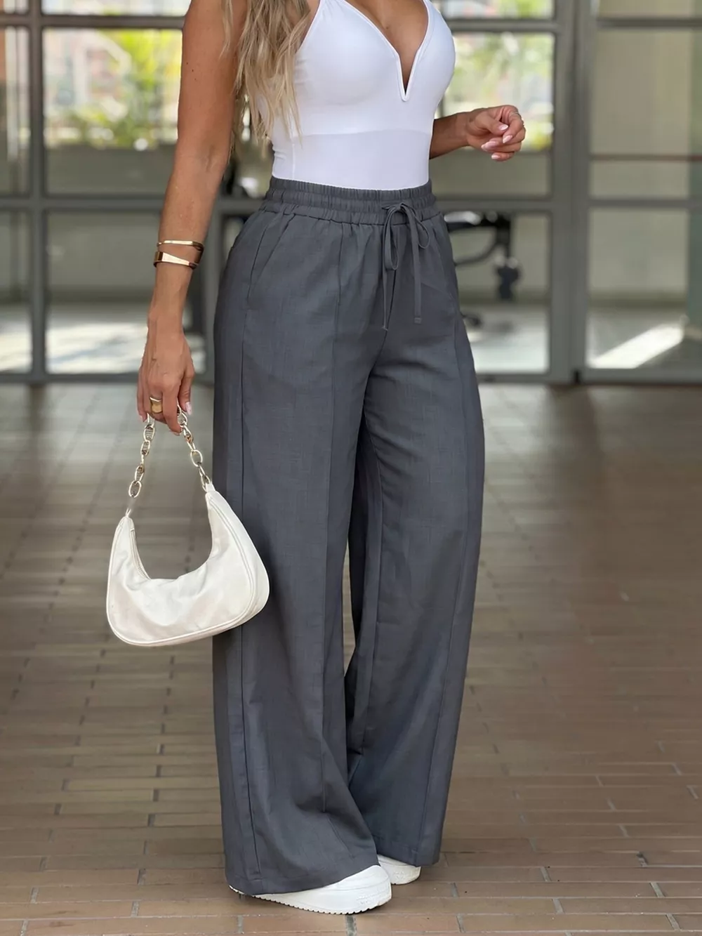 High-Waisted Wide-Leg Drawstring Pants, image 3