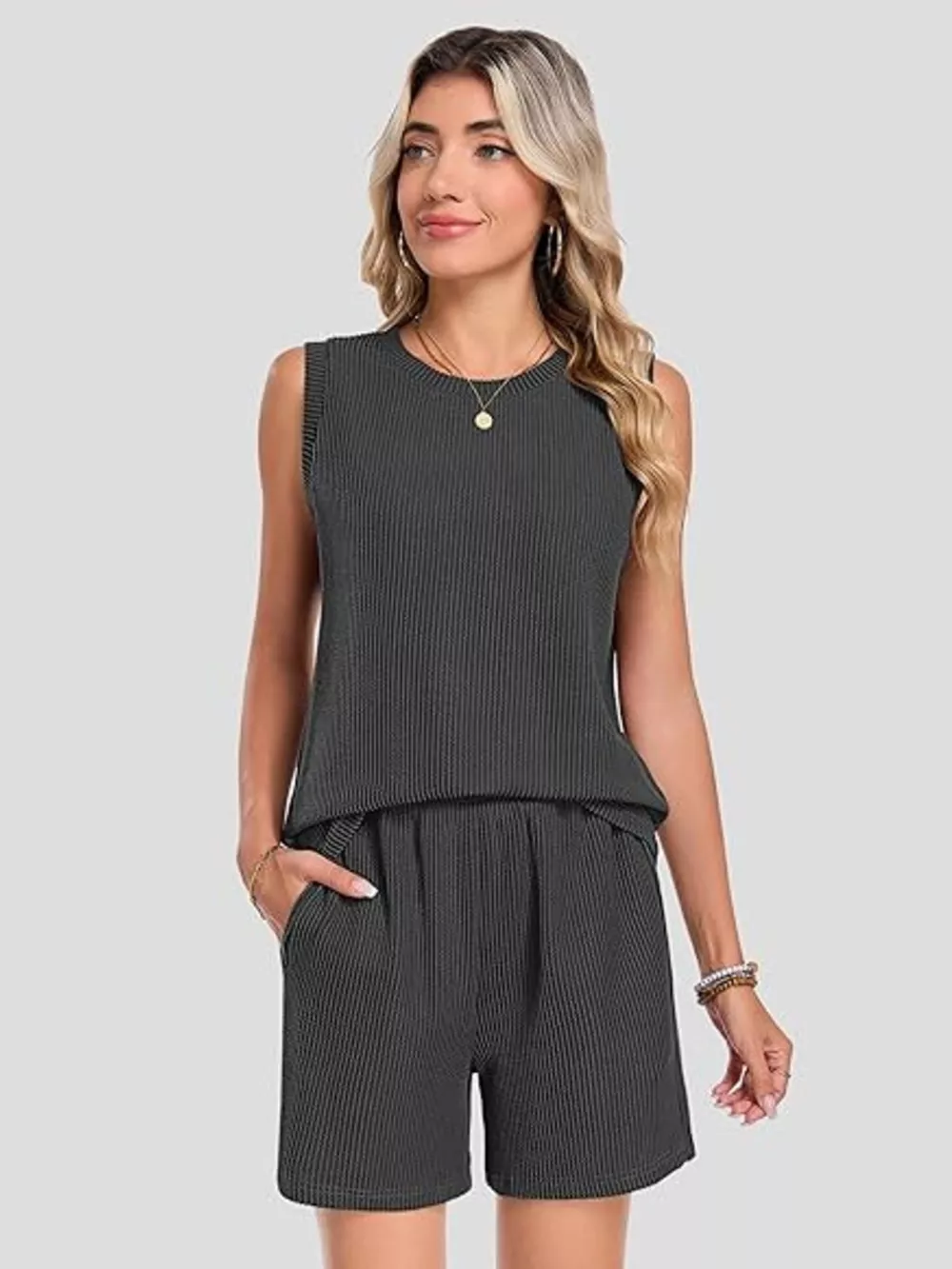Casual Ribbed Knit Sleeveless Top and Shorts Set, image 14