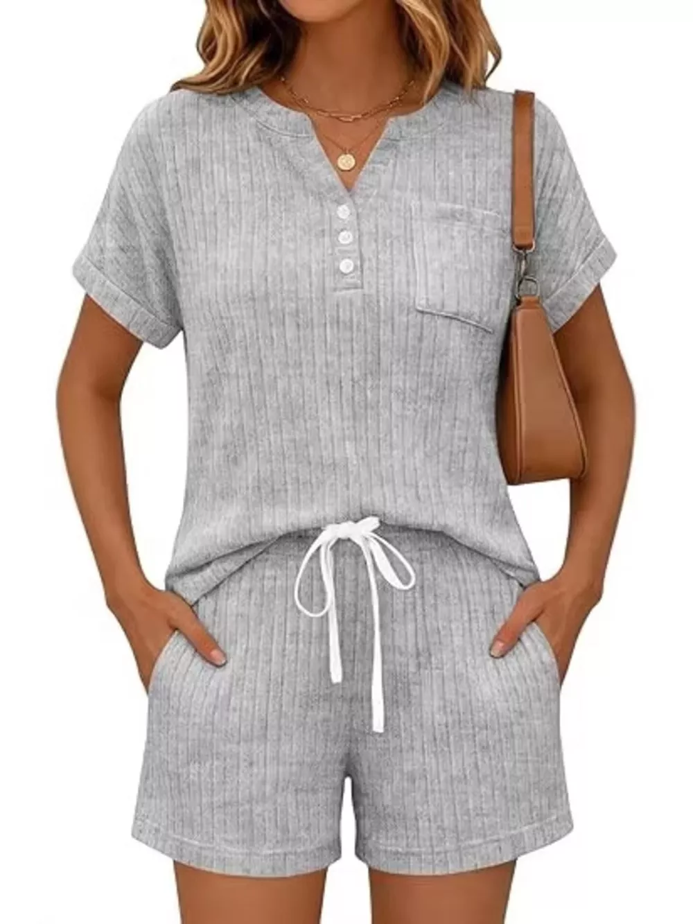 Casual Ribbed Knit Tee and Shorts Set, image 21
