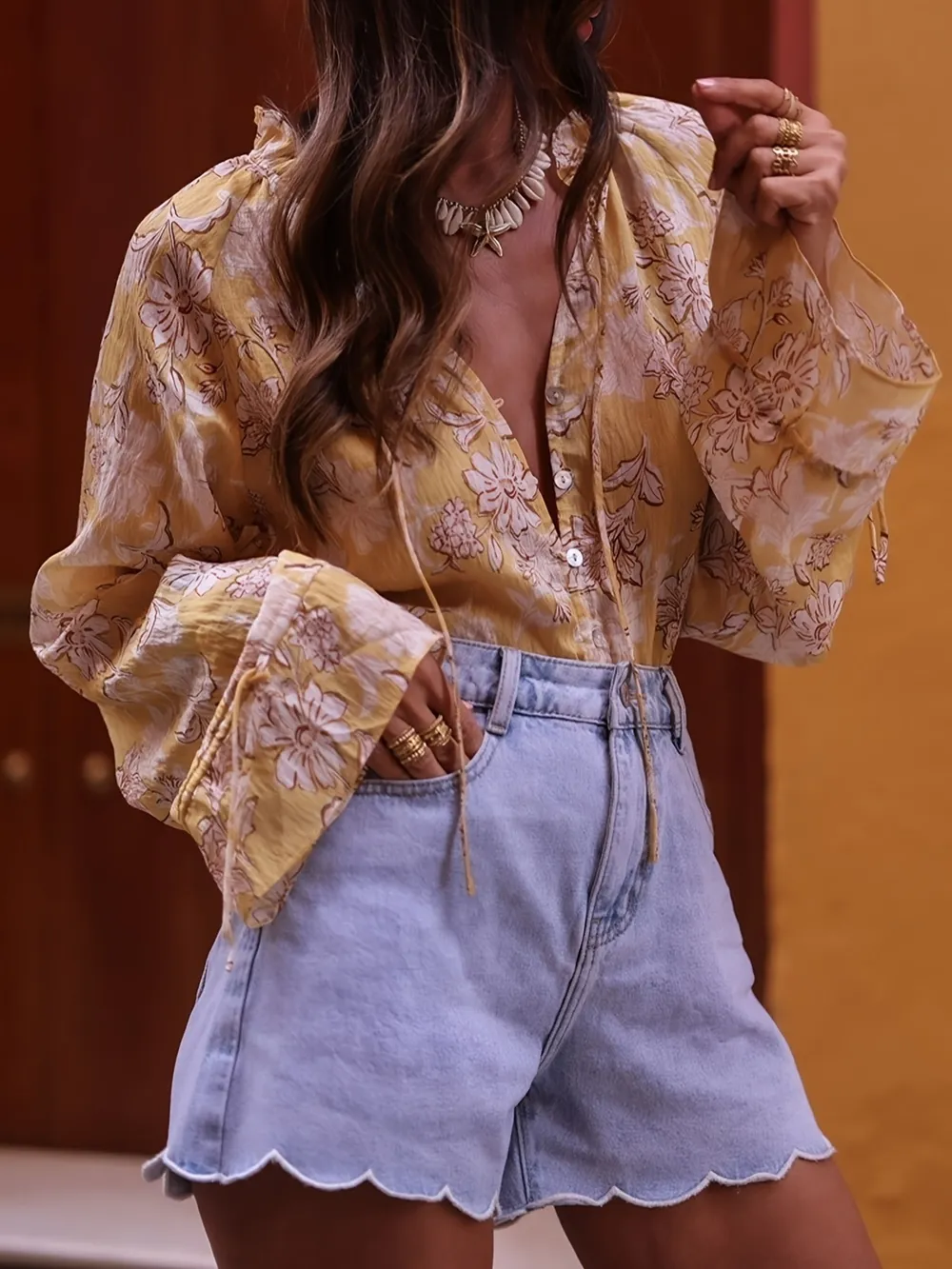 Printed Tie Neck Flounce Sleeve Blouse, image 6