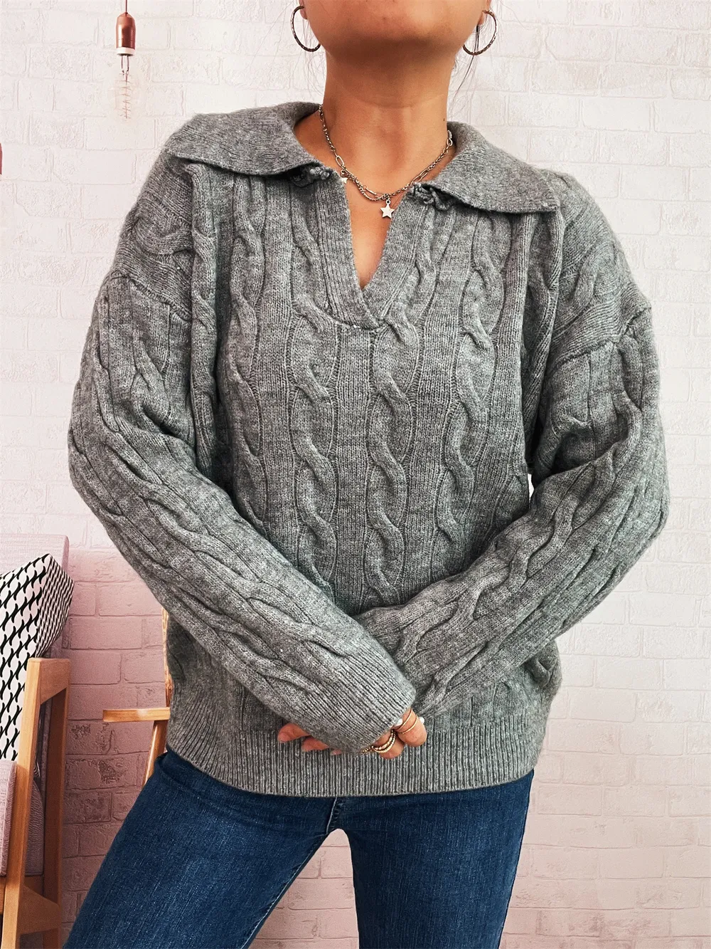 Cable Knit Johnny Collar Sweater, image 5