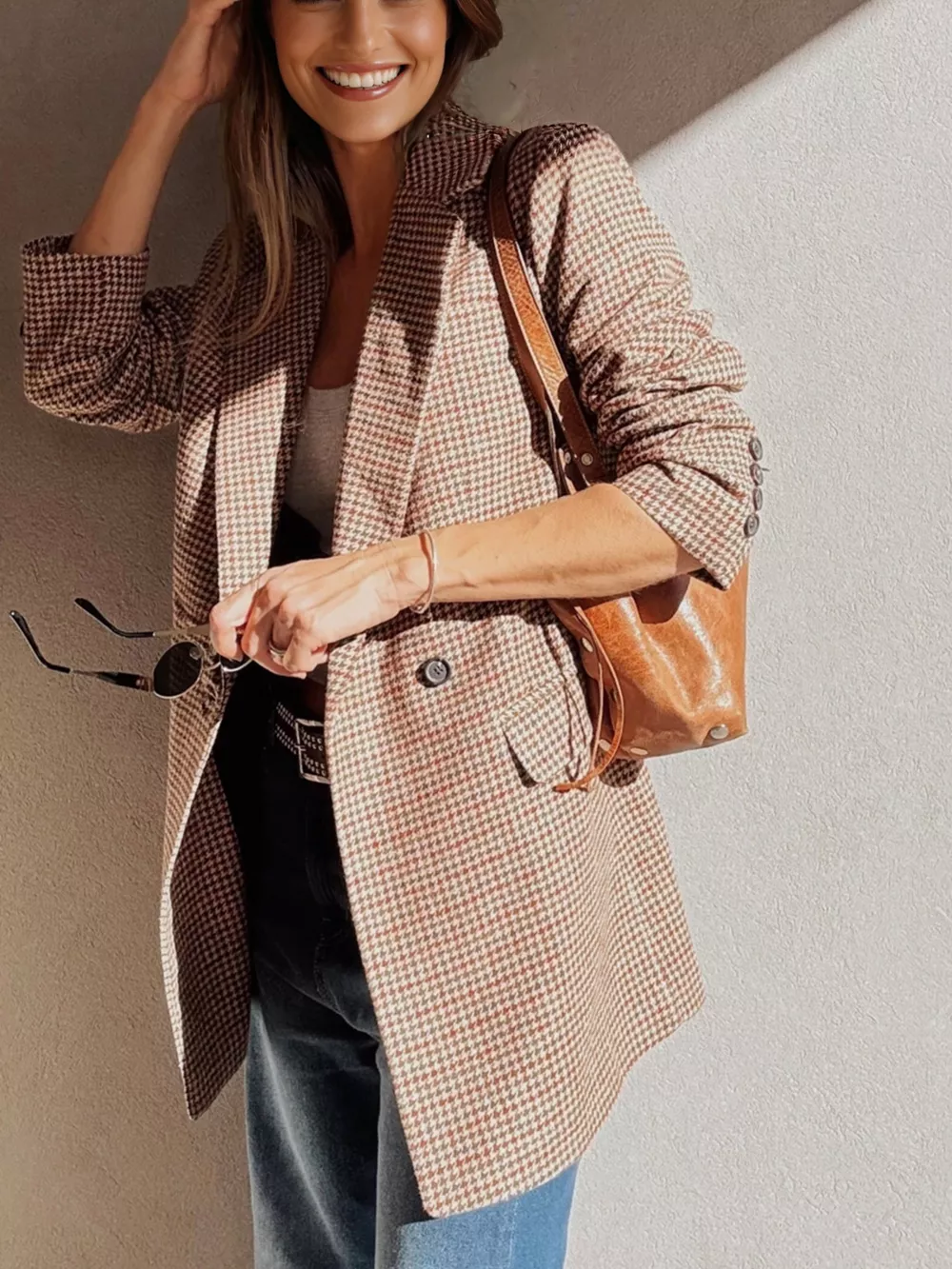 Houndstooth Lapel Collar Blazer, image 15