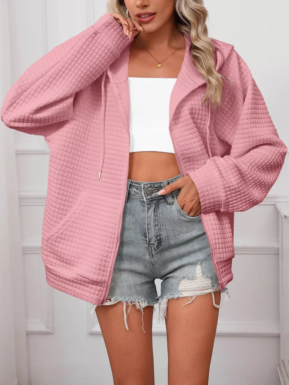 Full Size Textured Quilted Zip-Up Hooded Jacket Plus Size, image 23