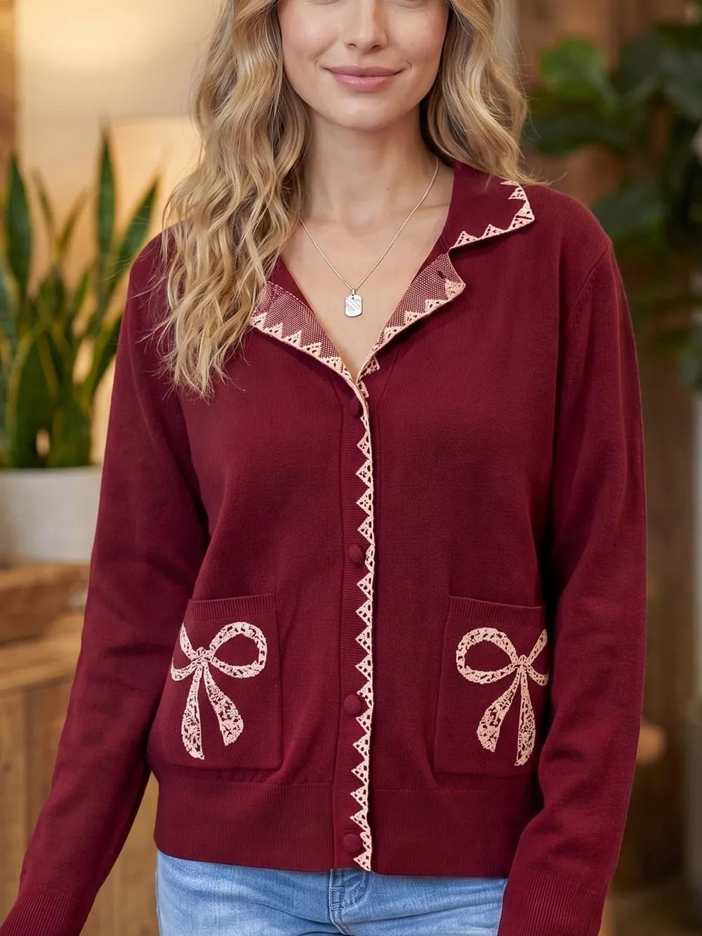 Bow Pocket Collar Long Sleeve Knit Cardigan