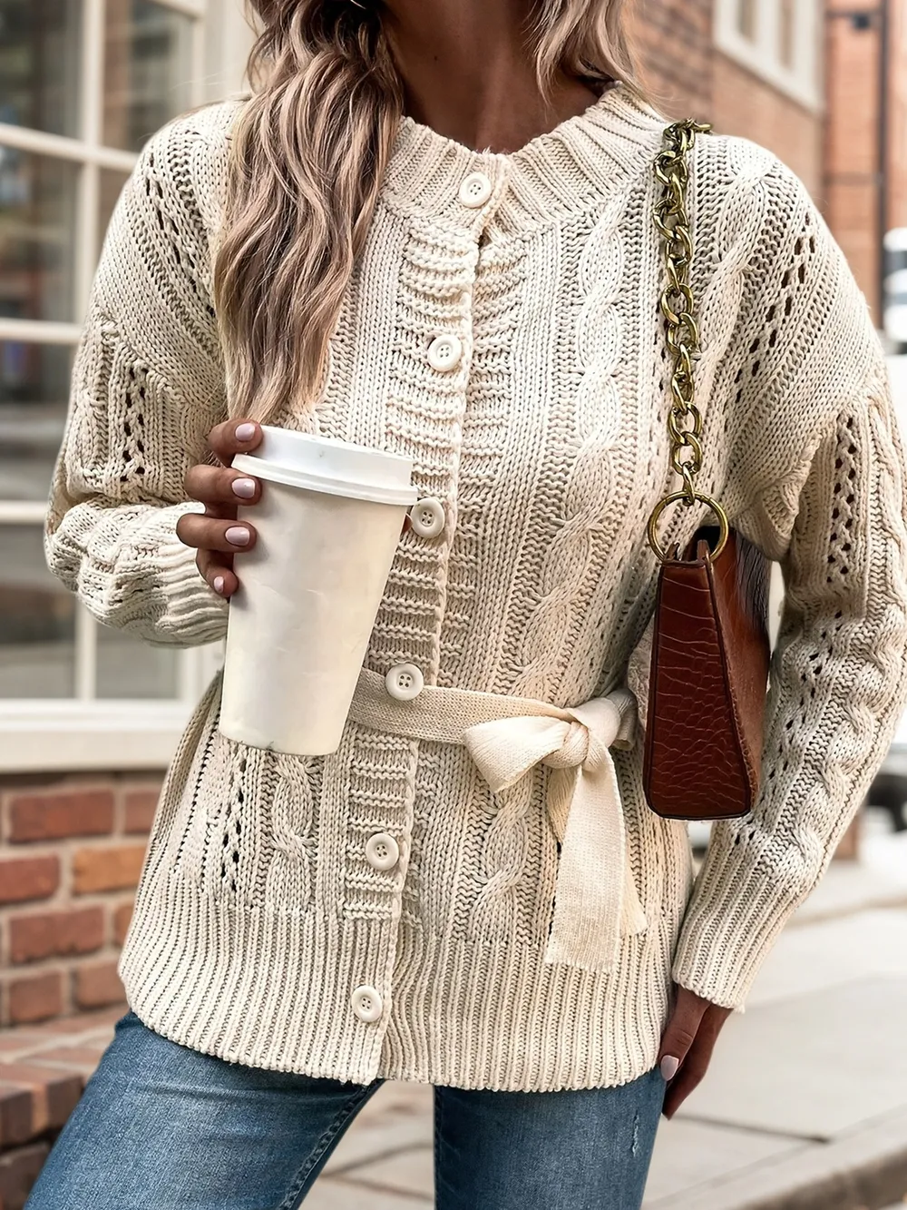 Cable Knit Belted Cardigan with Button Front, image 2