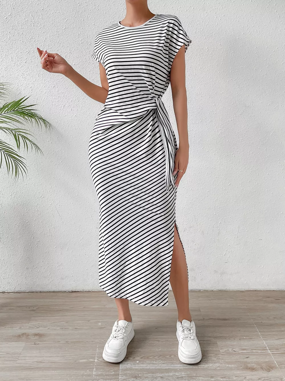 Striped Tie-Waist Midi Dress, image 2