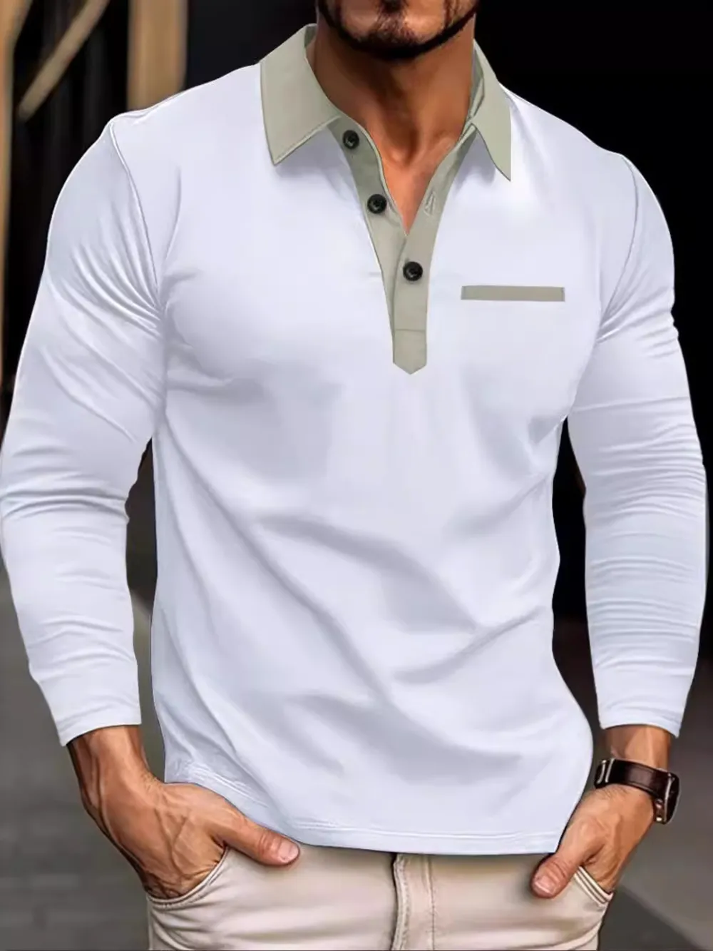 Men's Full Size Long Sleeve Contrast Collar Polo Shirt Plus Size, image 6