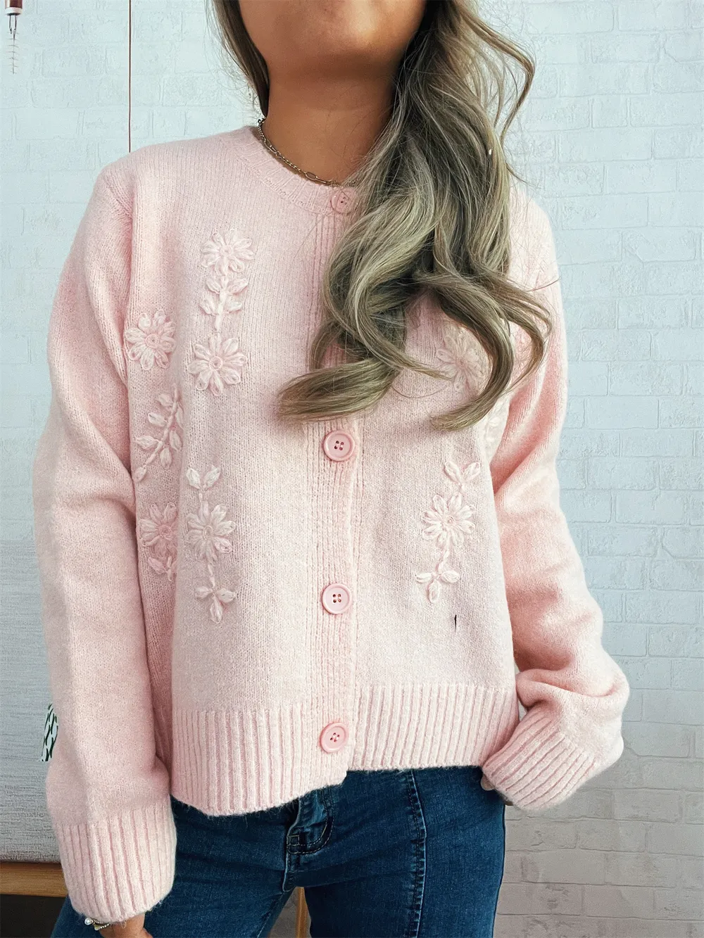 Flower Button Up Ribbed Hem Cardigan, image 8