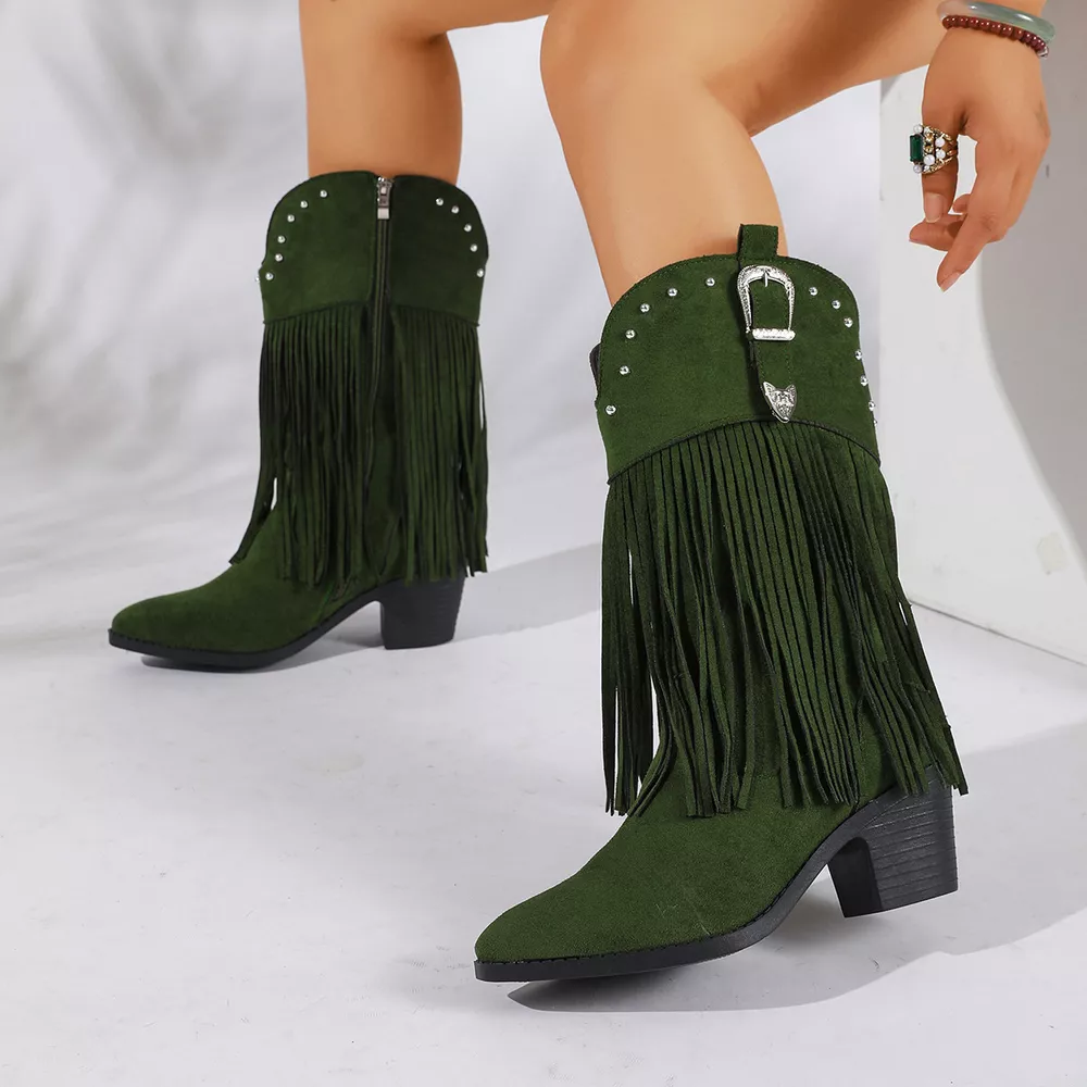 Fringe Round Toe Block Heels Boots, image 10