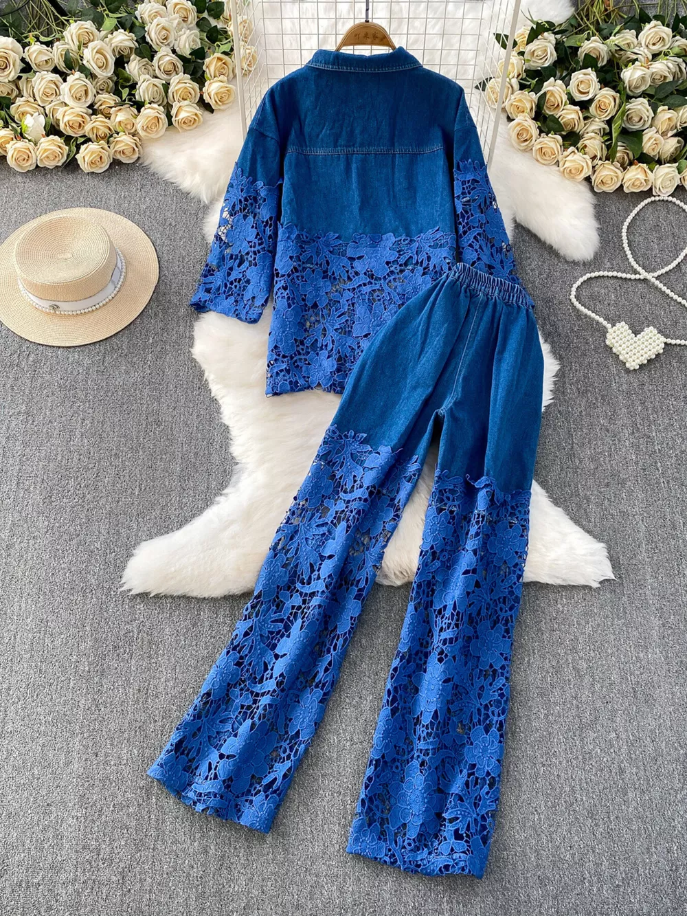 Lace Patchwork Shacket and Pants Set, image 5