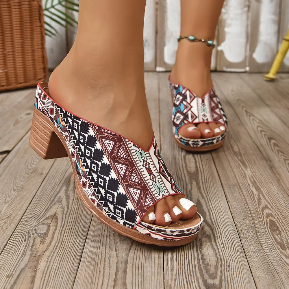 Printed Open Toe Block Heels Sandals, image 5