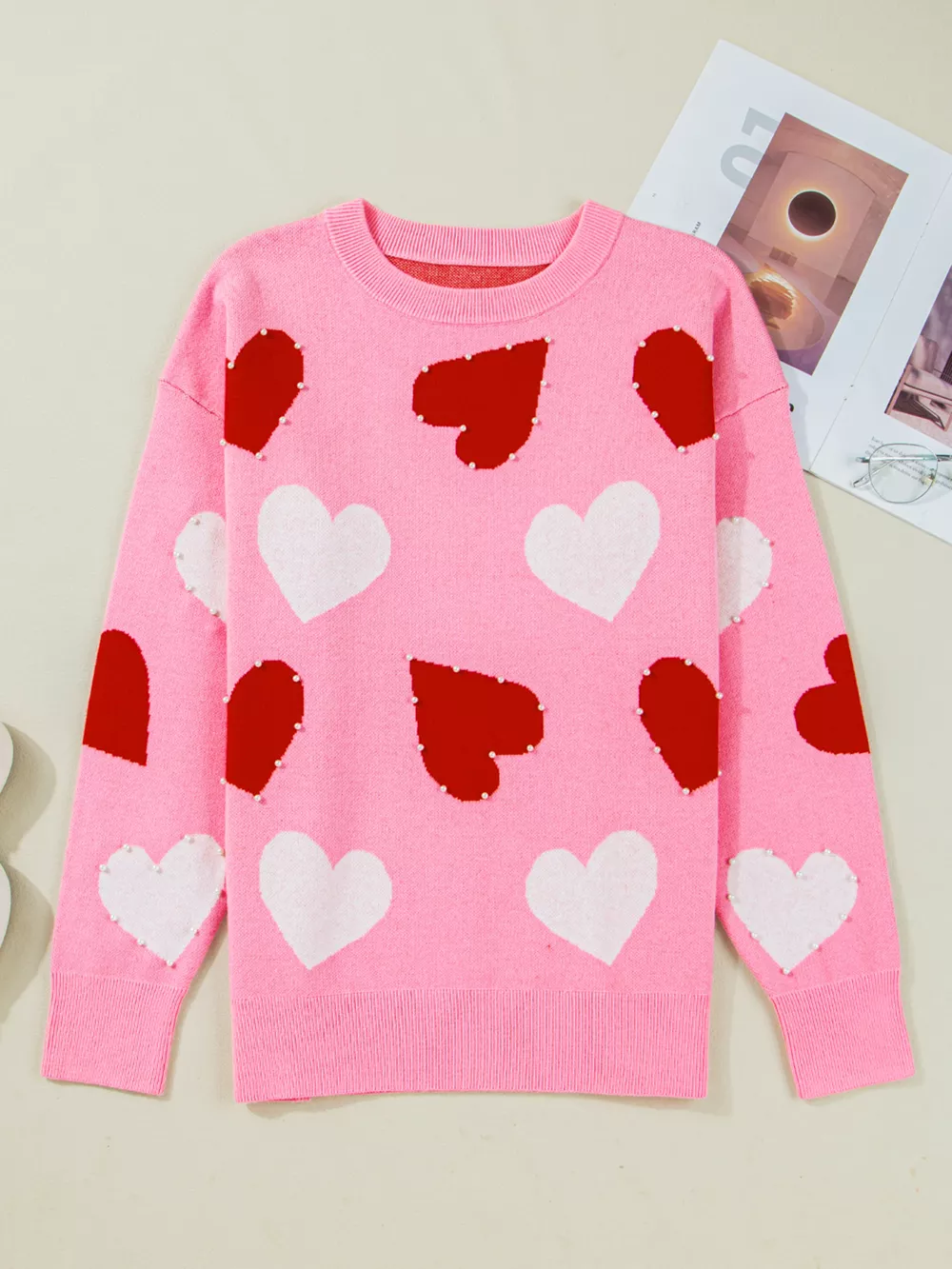 Pearl Embellished Heart Pattern Valentines Day Sweater, image 9