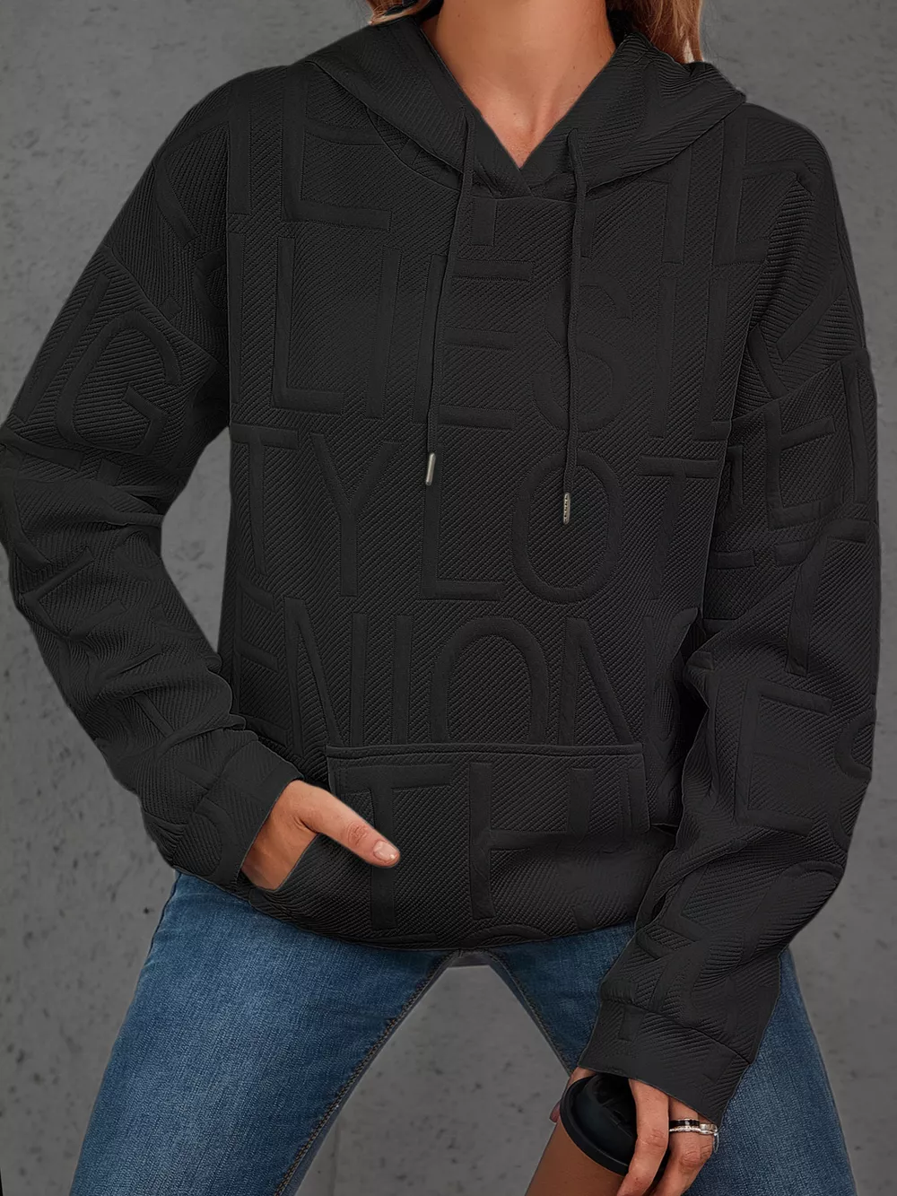 Full Size Textured Embossed Long Sleeve Hoodie Plus Size, image 19