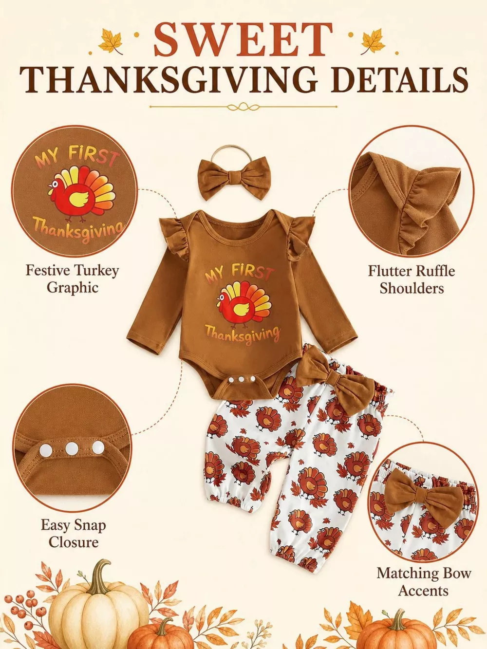 Children's 'My First Thanksgiving' Ruffle Bodysuit and Turkey Print Pants Set with Headband, image 4