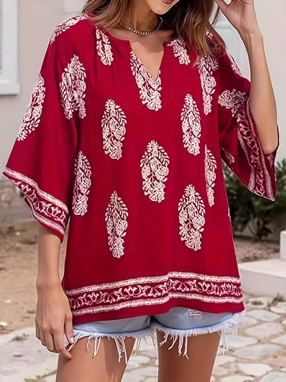 Printed Notched 3/4 Sleeve Blouse, image 6
