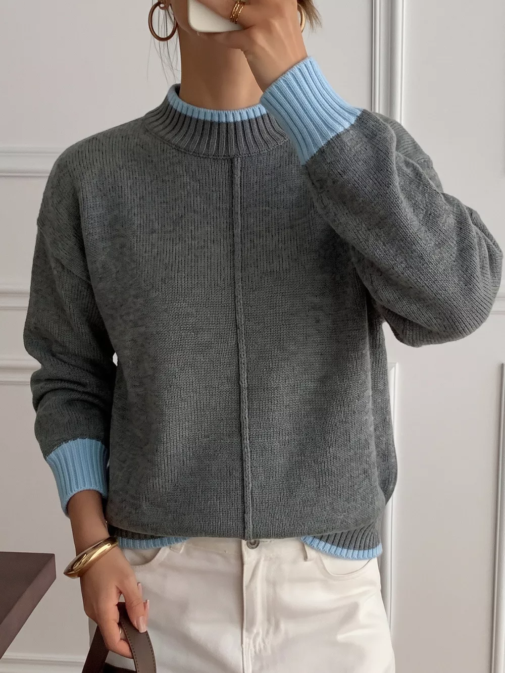 Contrast Trim Crew Neck Sweater, image 3