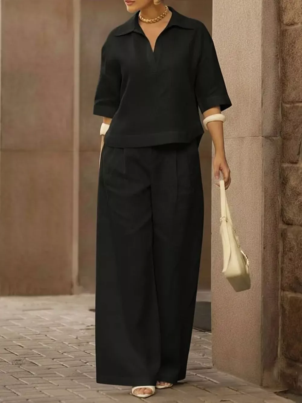 Full Size 3/4 Sleeve Top and Wide Leg Pants Set Plus Size, image 3