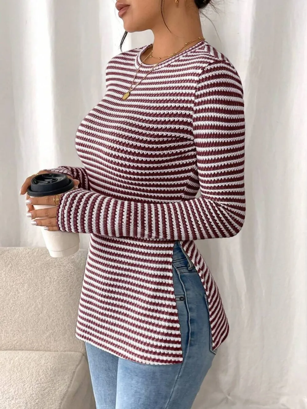 Side Slit Striped Long Sleeve T-Shirt, image 17