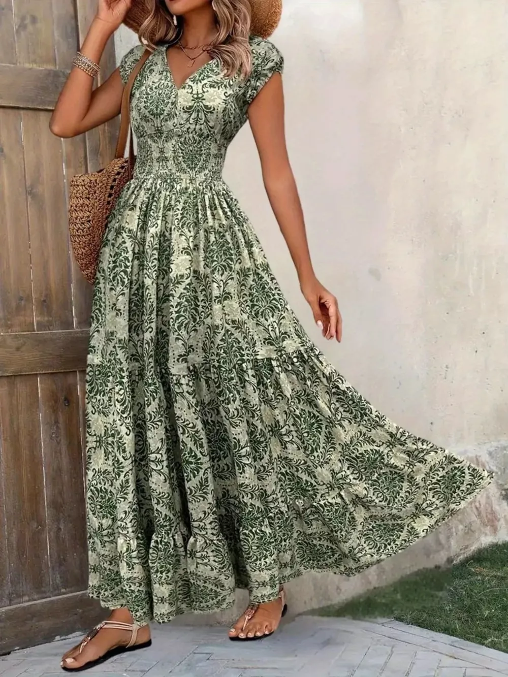 Printed Cap Sleeve Maxi Dress, image 27