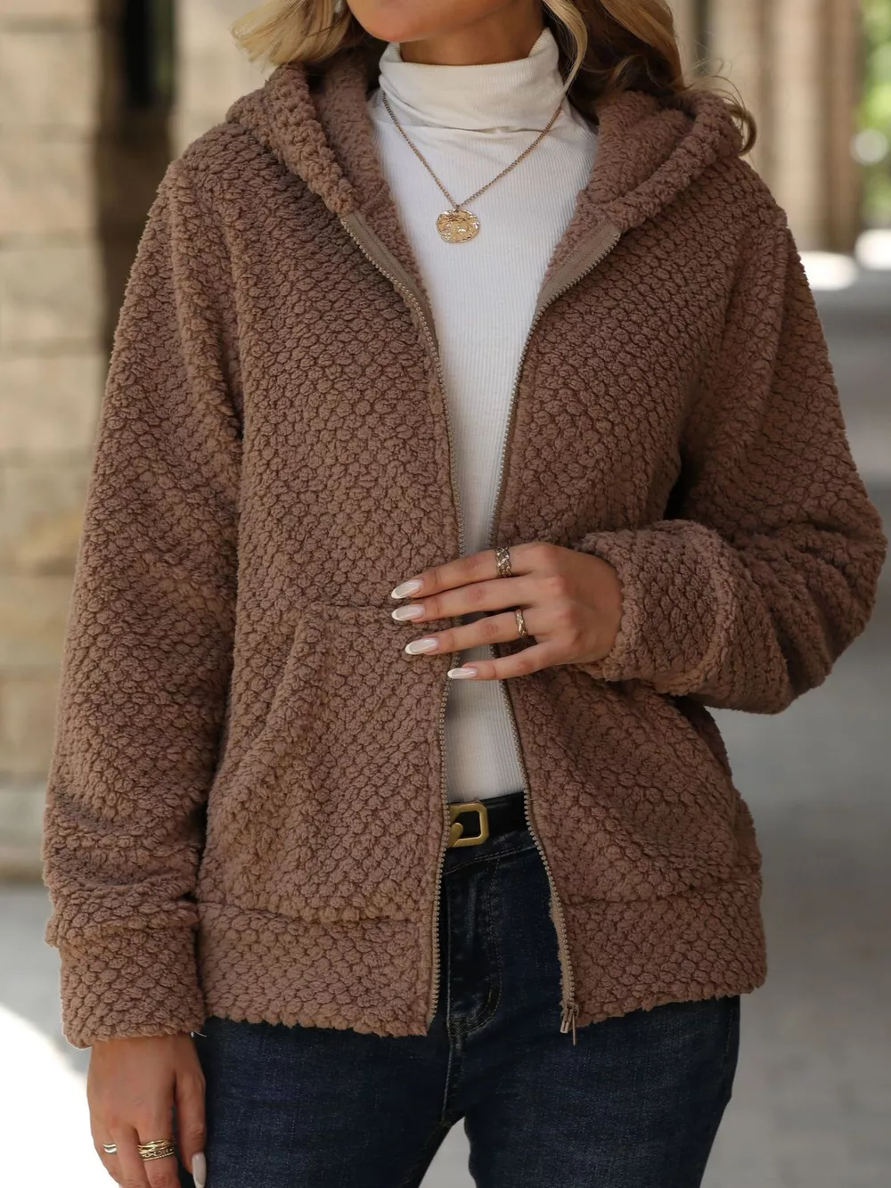 Textured Knit Zip-Up Hooded Outerwear, image 6