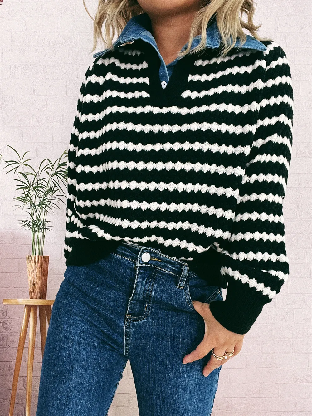 Contrast Striped Sweater with Denim Collar, image 4