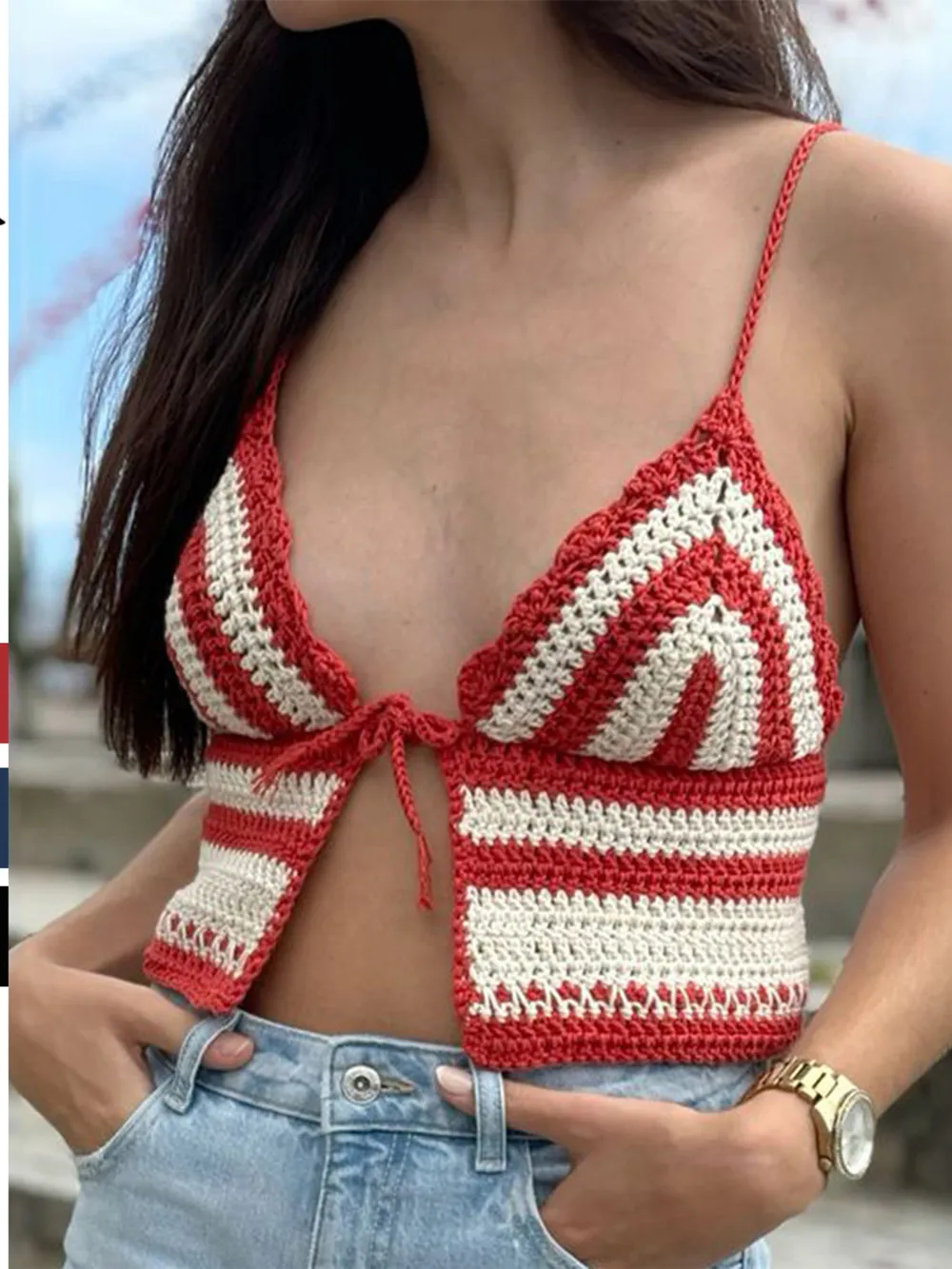 Crochet Tie Front Striped Knit Cami, image 2