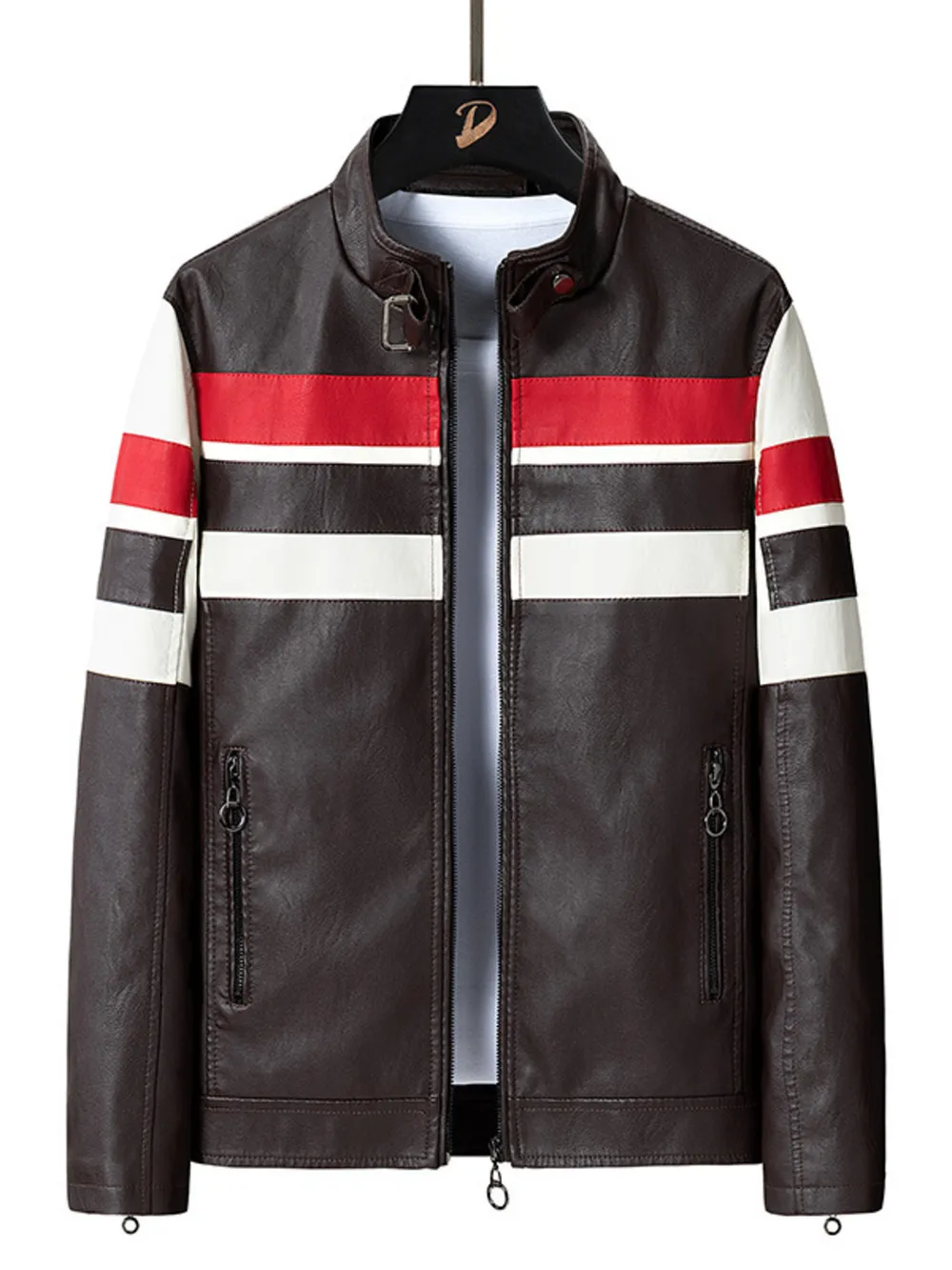 Men's Plus Size Striped Leather Moto Jacket, image 7