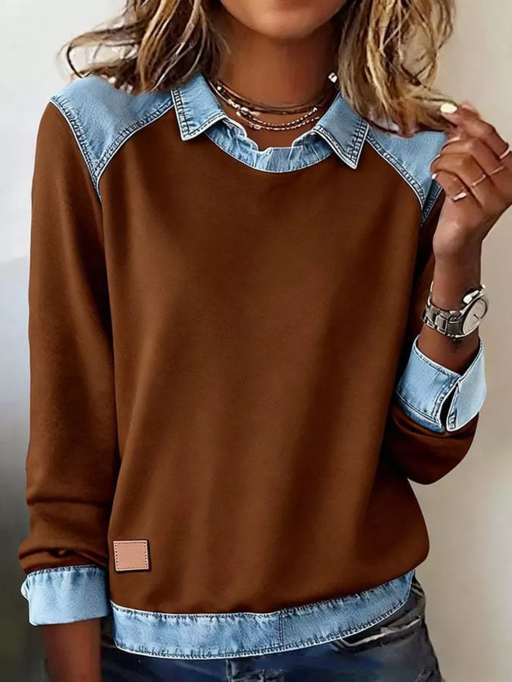 Full Size Denim Trim Long Sleeve Top Plus Size, image 14