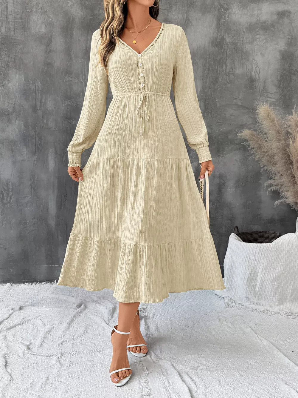Tiered V-Neck Long Sleeve Dress, image 12