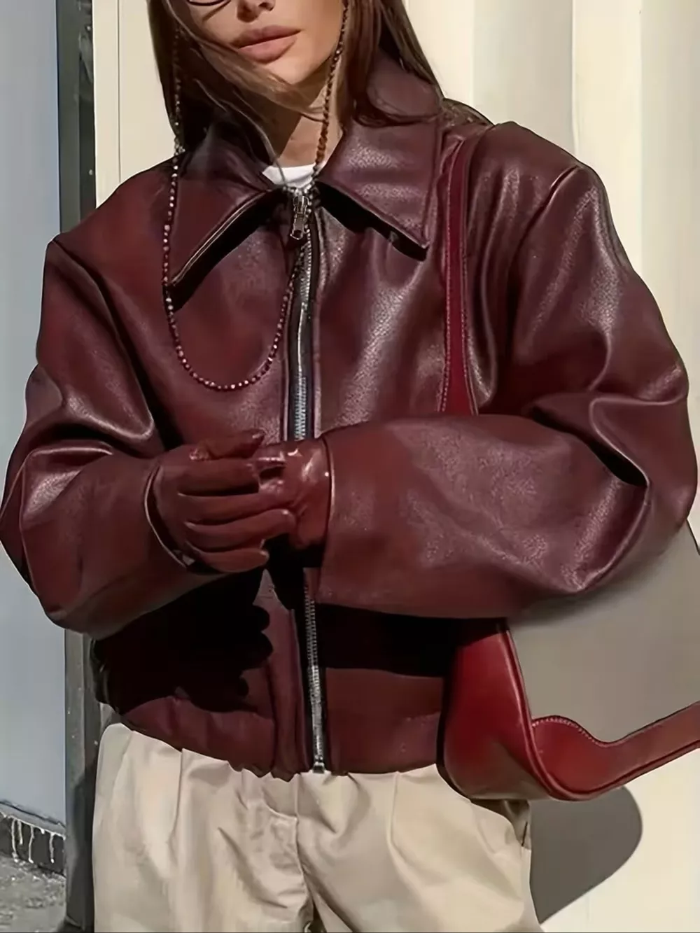 Oversized Faux Leather Zip Up Moto Jacket, image 6