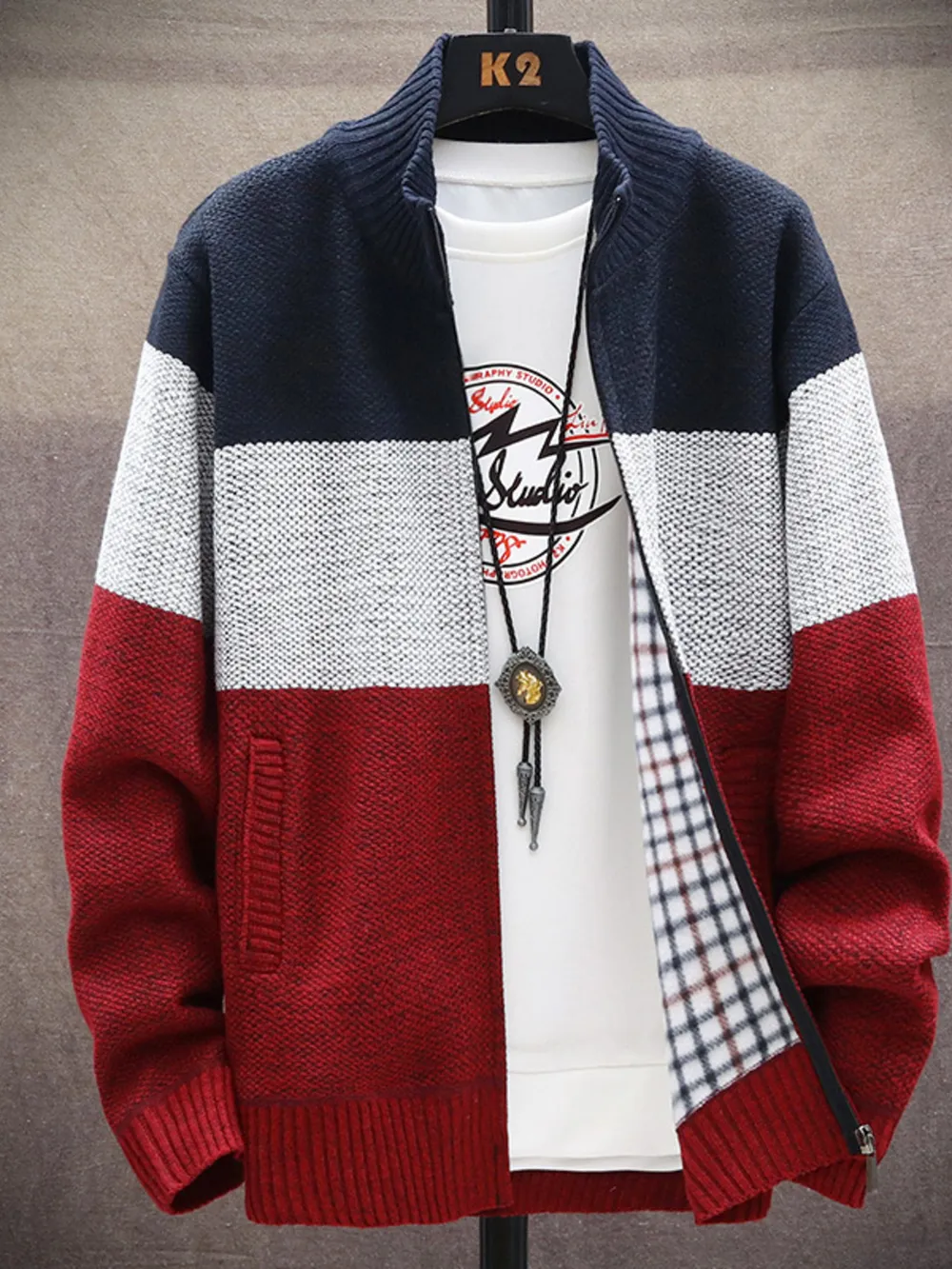 Men's Plus Size Color Block Zip Up Cardigan, image 3